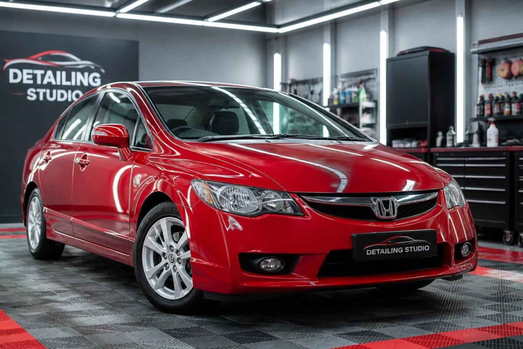 Czerwony sedan Honda zaparkowany w profesjonalnym studiu detailingu samochodowego