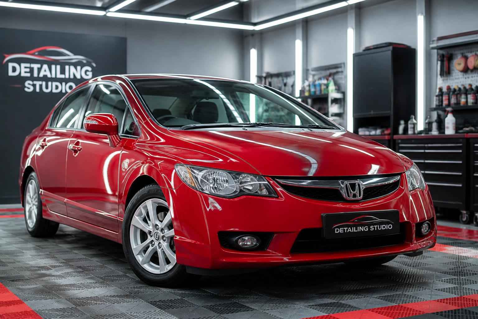 Czerwony sedan Honda zaparkowany w profesjonalnym studiu detailingu samochodowego
